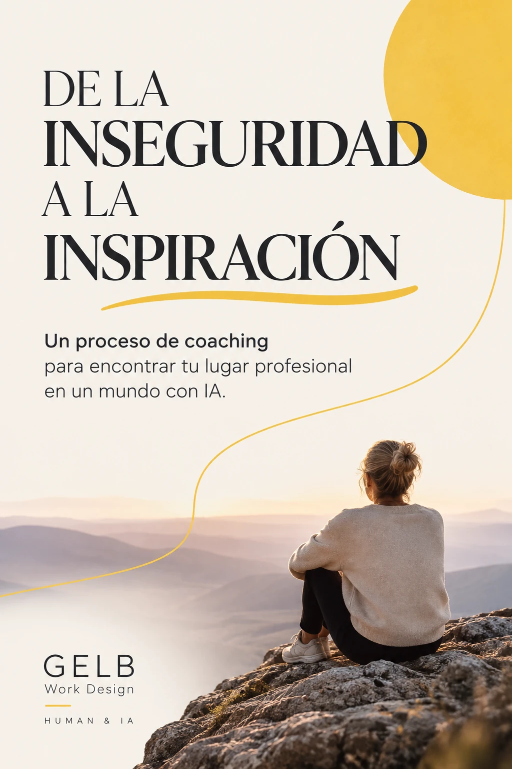 Portada: «De la inseguridad a la inspiración. Un proceso de coaching para encontrar tu lugar profesional en un mundo con IA». Una mujer sentada de espaldas en una roca contempla montañas al amanecer, junto a un sol amarillo. Logotipo de GELB Work Design.