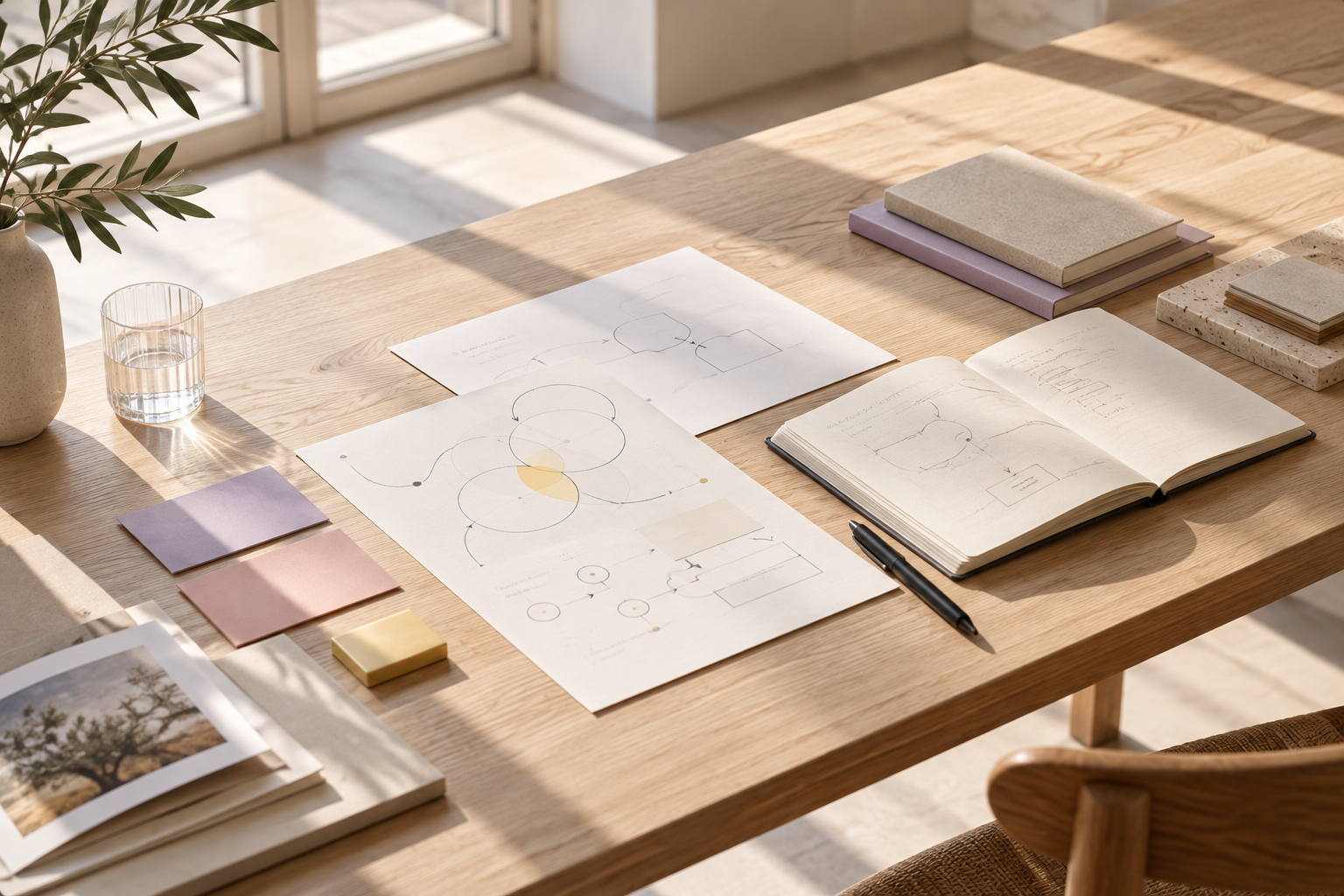 Mesa de trabajo vista desde arriba con cuadernos y un boceto a mano de un proceso de trabajo, con círculos y flechas conectadas.