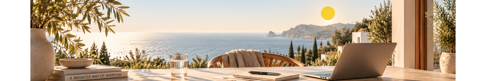 Vista panorámica de una terraza mediterránea con un espacio de trabajo cálido junto al mar, con el punto amarillo GELB como sol en el horizonte.