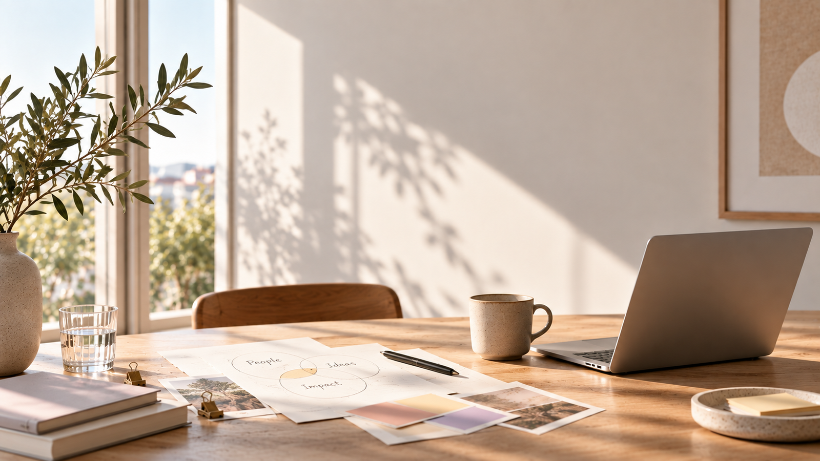 Escritorio de trabajo con luz natural, una rama de olivo, un portátil y un boceto a mano de personas, ideas e impacto.