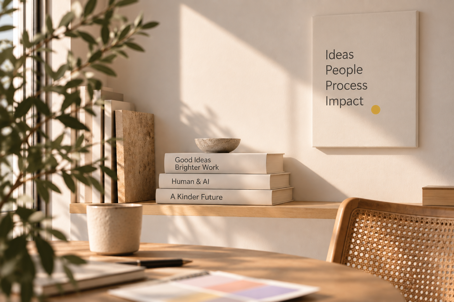 Estantería tranquila con libros y un cuadro enmarcado que dice ideas, personas, proceso, impacto, junto a una planta y una taza de cerámica.